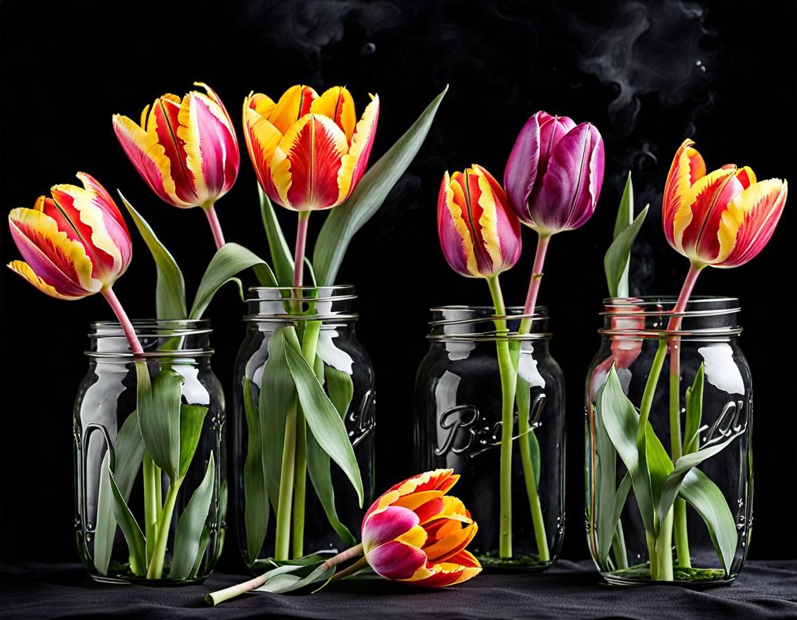 Tulip Stems in Mason Jar, Watercolor Splash Art