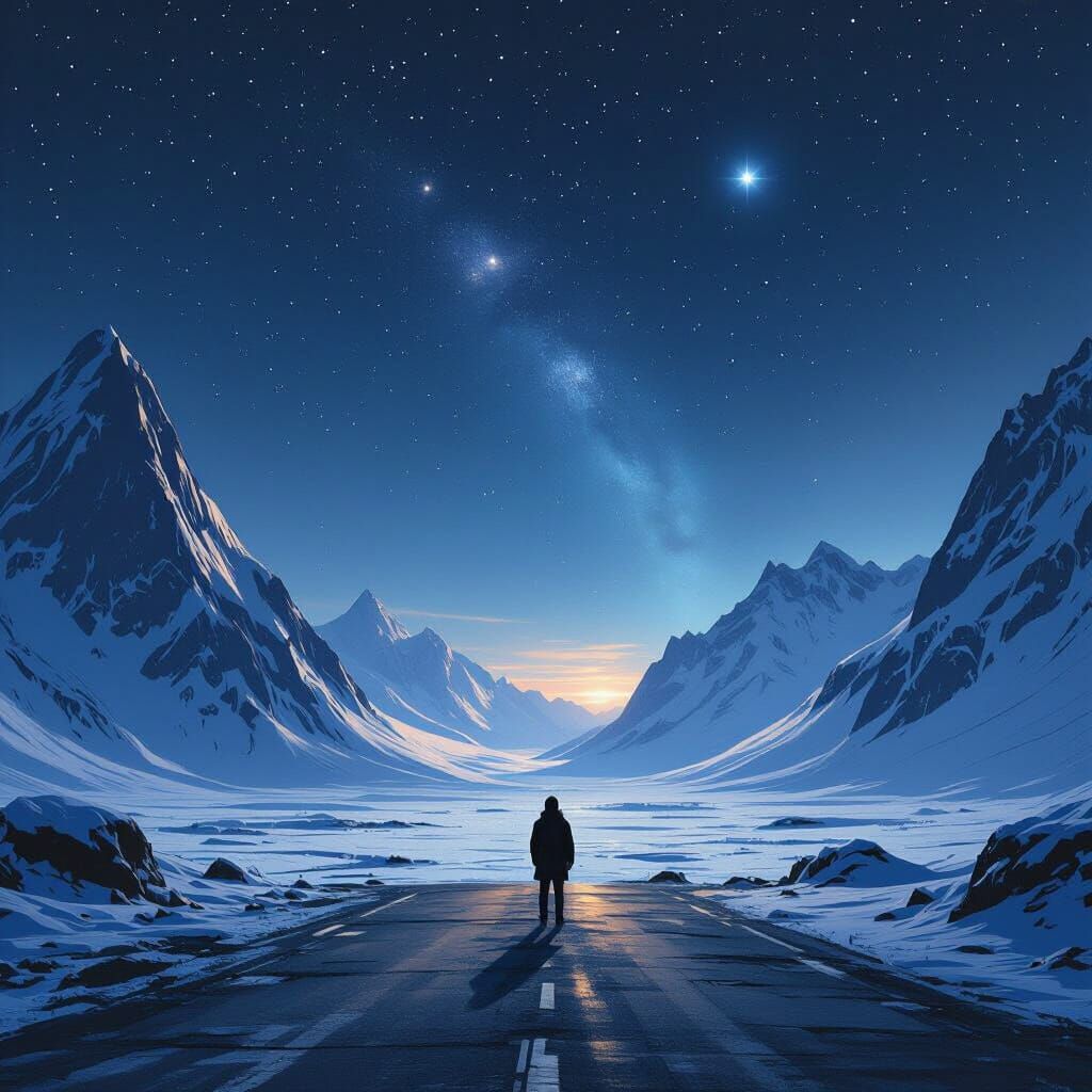 Figure at World's End Under Starry Sky