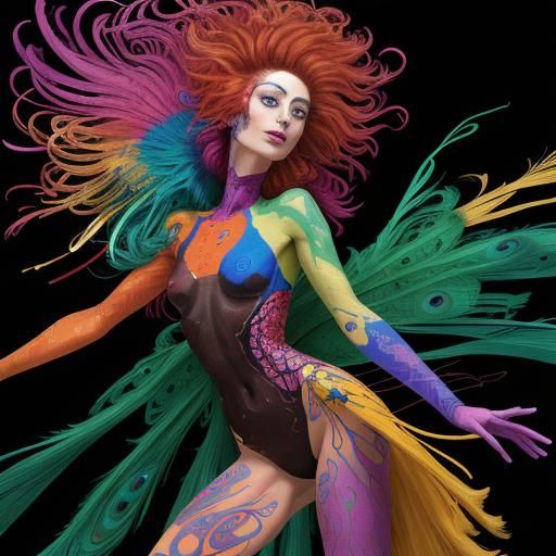 Expressionist Woman with Peacock Feather Hair
