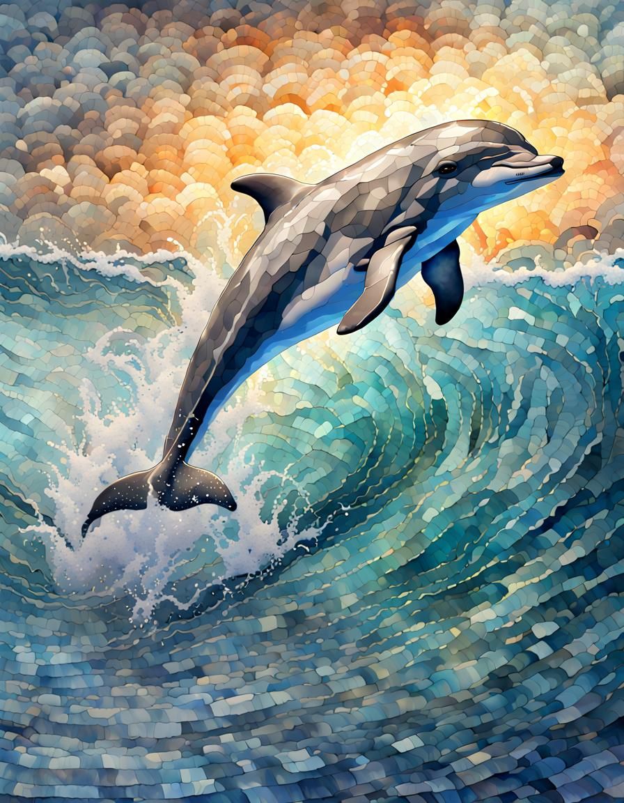 Detailed Dolphin Leaping in Wavy Ocean, Dark Fantasy Art