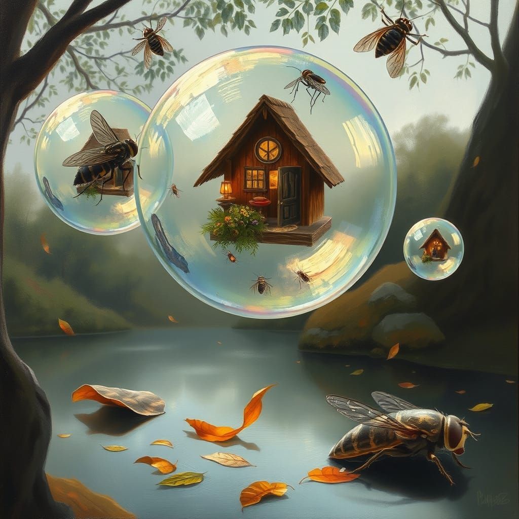 Insect Bubble Houses Above Magic Pond in Tonalist Style