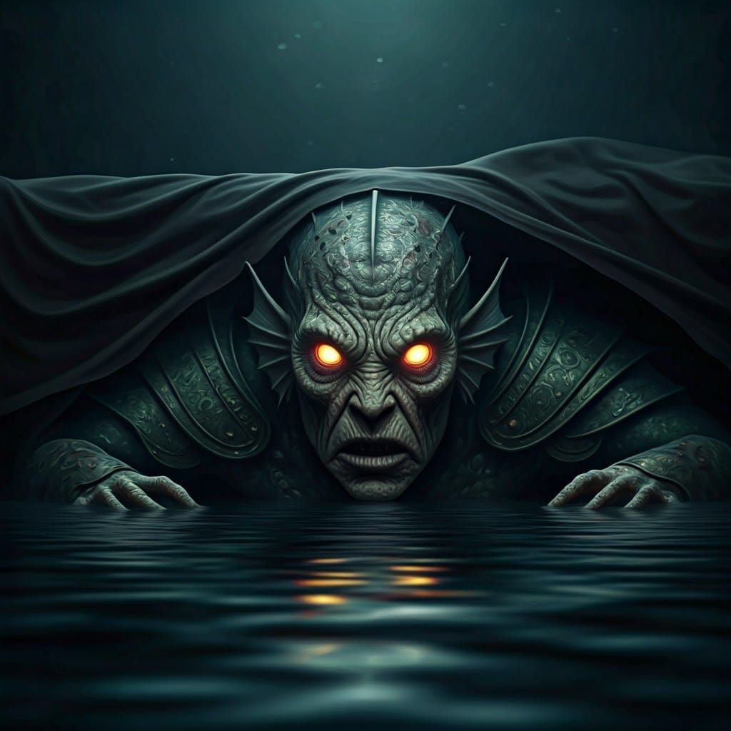 Grotesque Merman Demon Lurking in Darkness