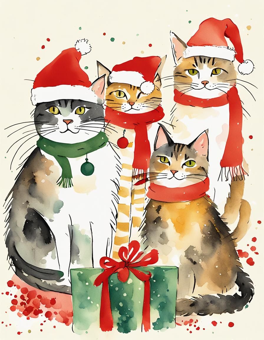 Whimsical Christmas Cats in Watercolor Style