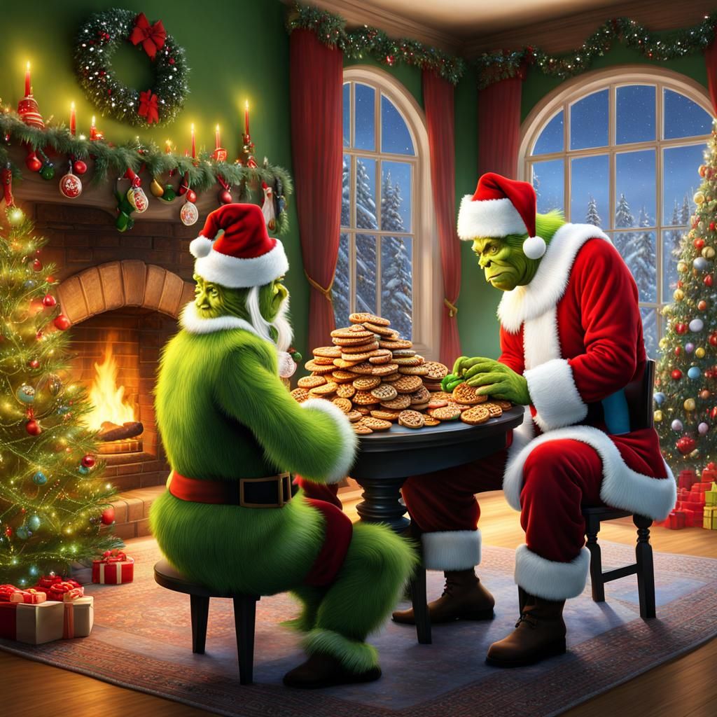 The grinch in a christmas outfit and Santa are eating cookie...