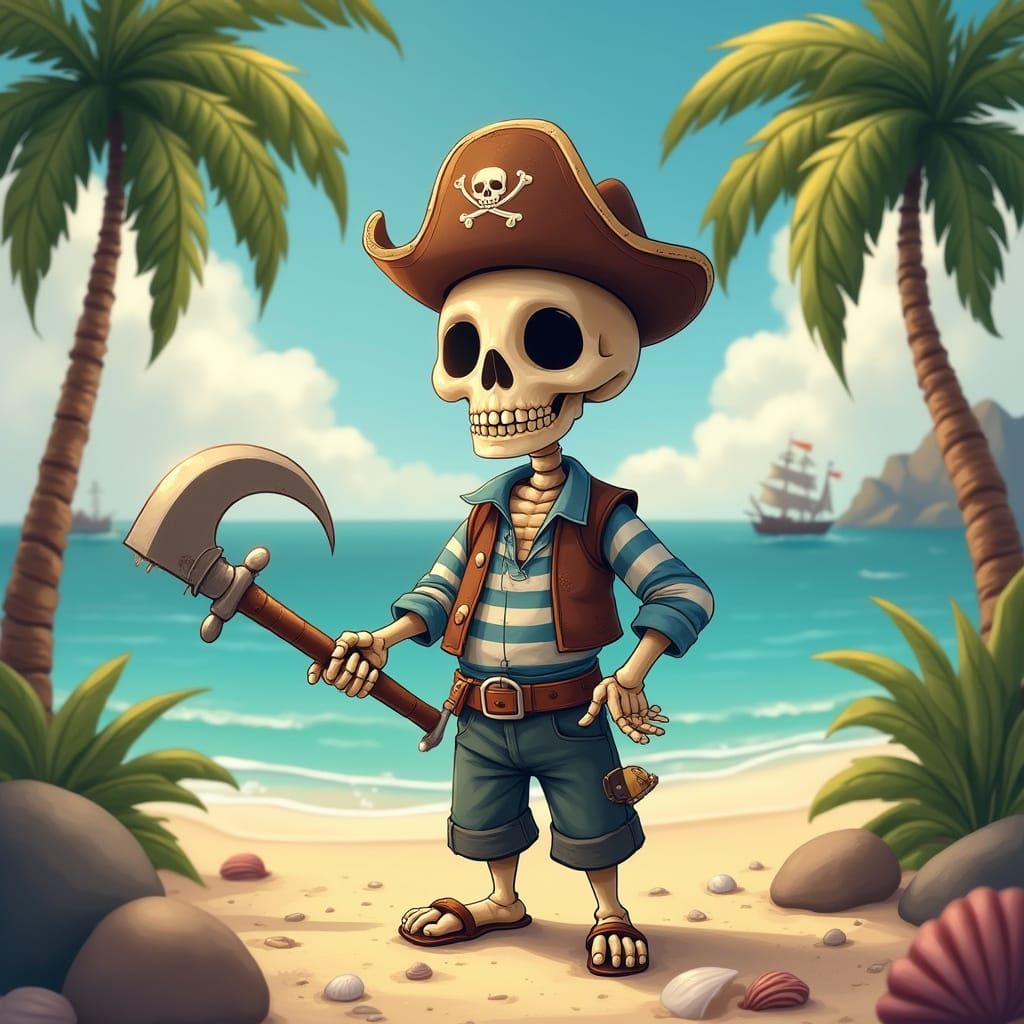 Cartoon Skeleton Sailor on Tropical Island in Fantasy Style