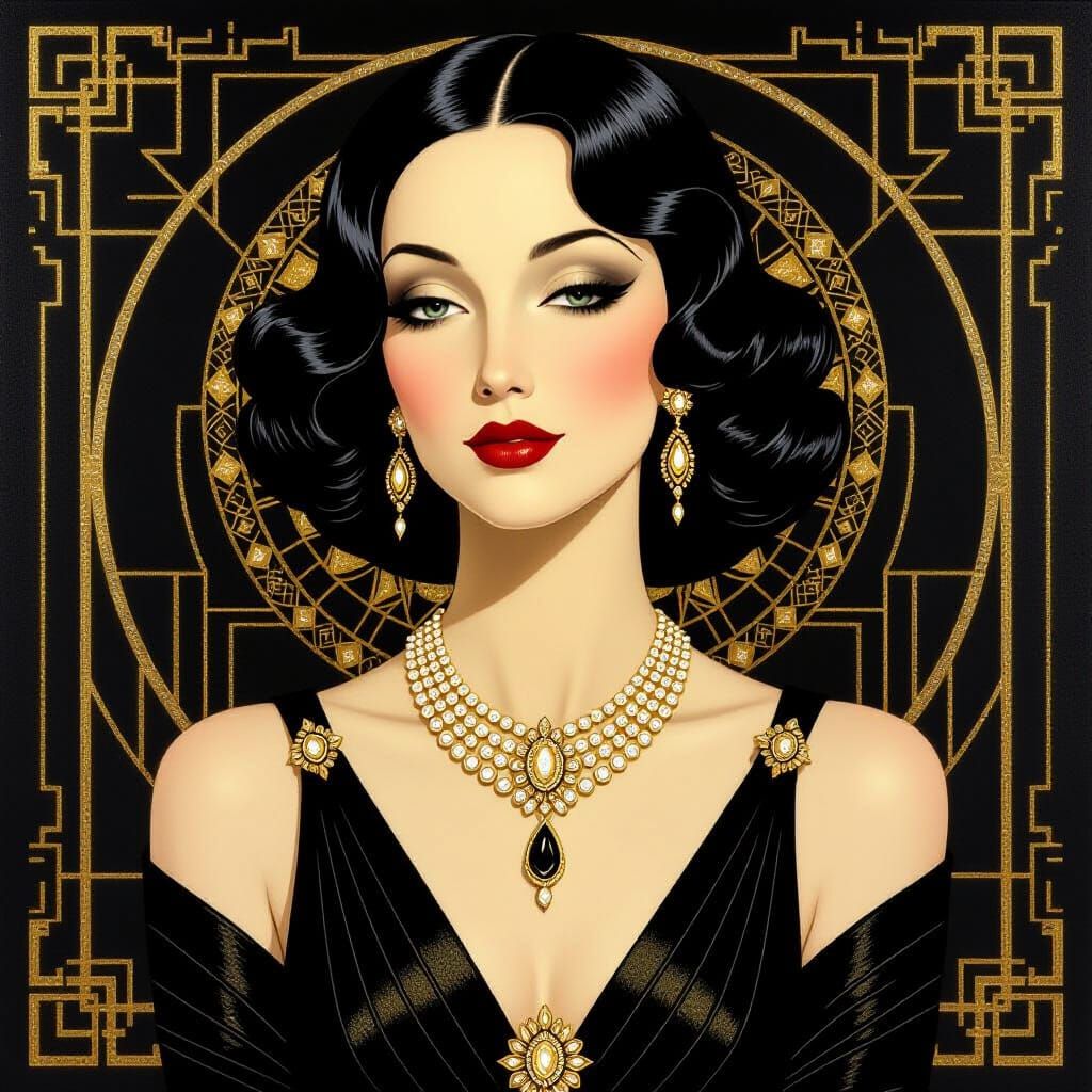 Art Deco Portrait of a Woman in Gold and Obsidian