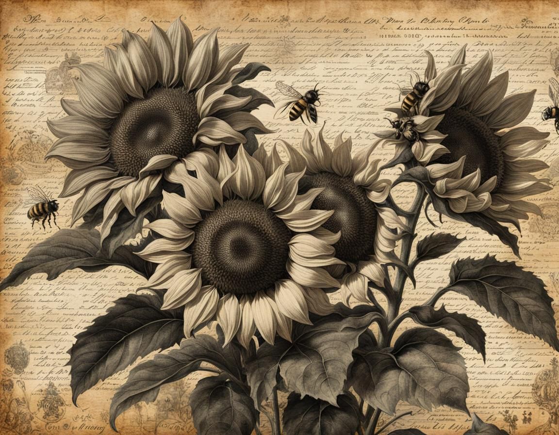 Sunflower Botanical Drawing in Vintage French Style