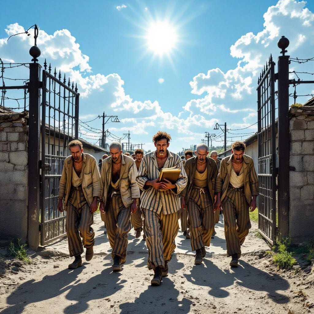 Hopeful Survivors Emerge from Concentration Camp Gate