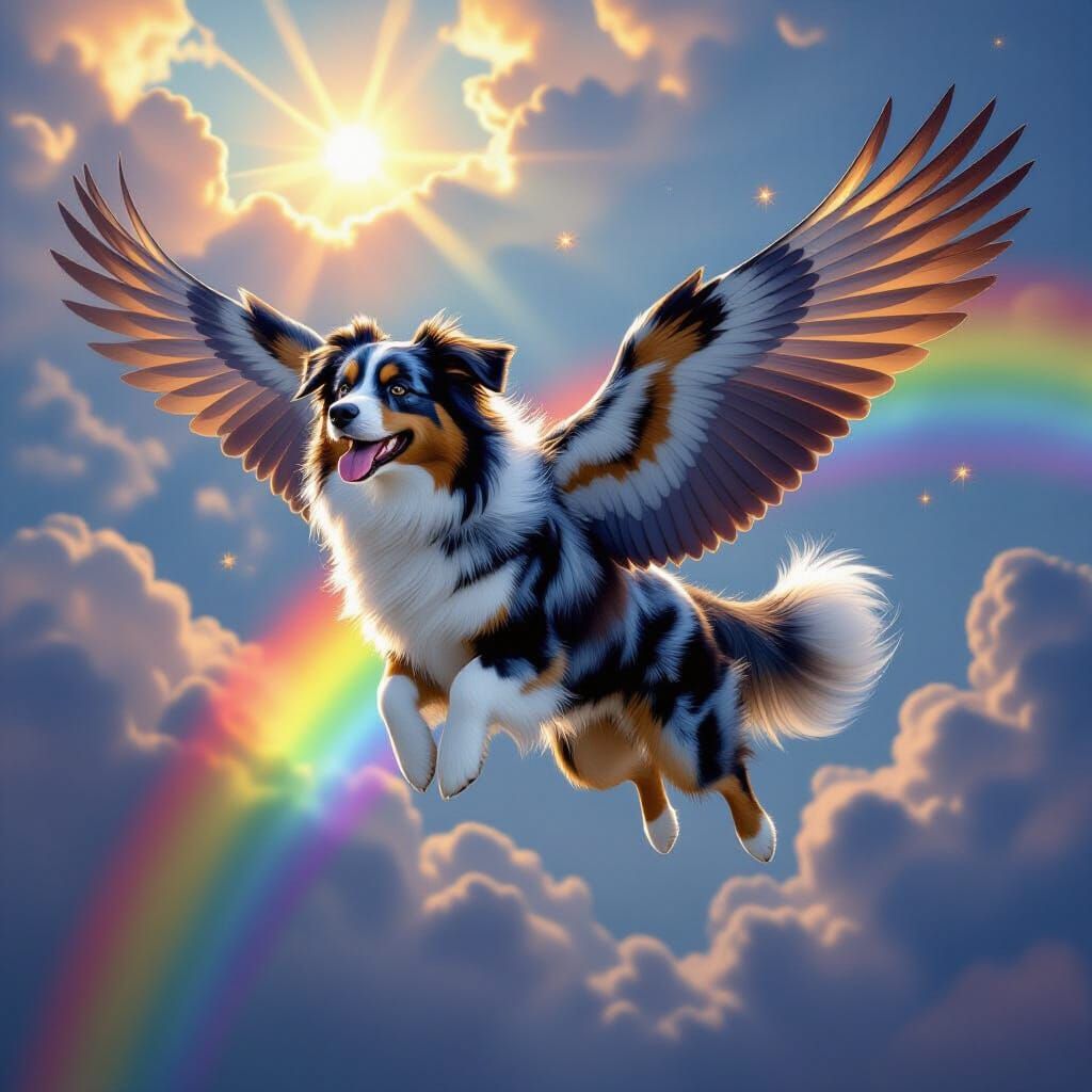 Winged Blue Merle Aussie Soars Over Rainbow
