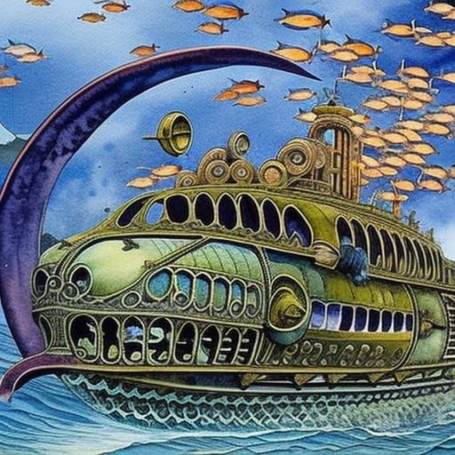 Nautilus Submarine Watercolor Illustration