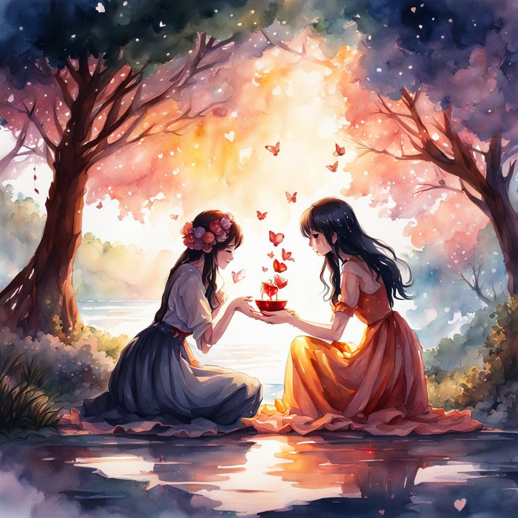 Dreamcore Watercolor: Woman Proposing to Girlfriend