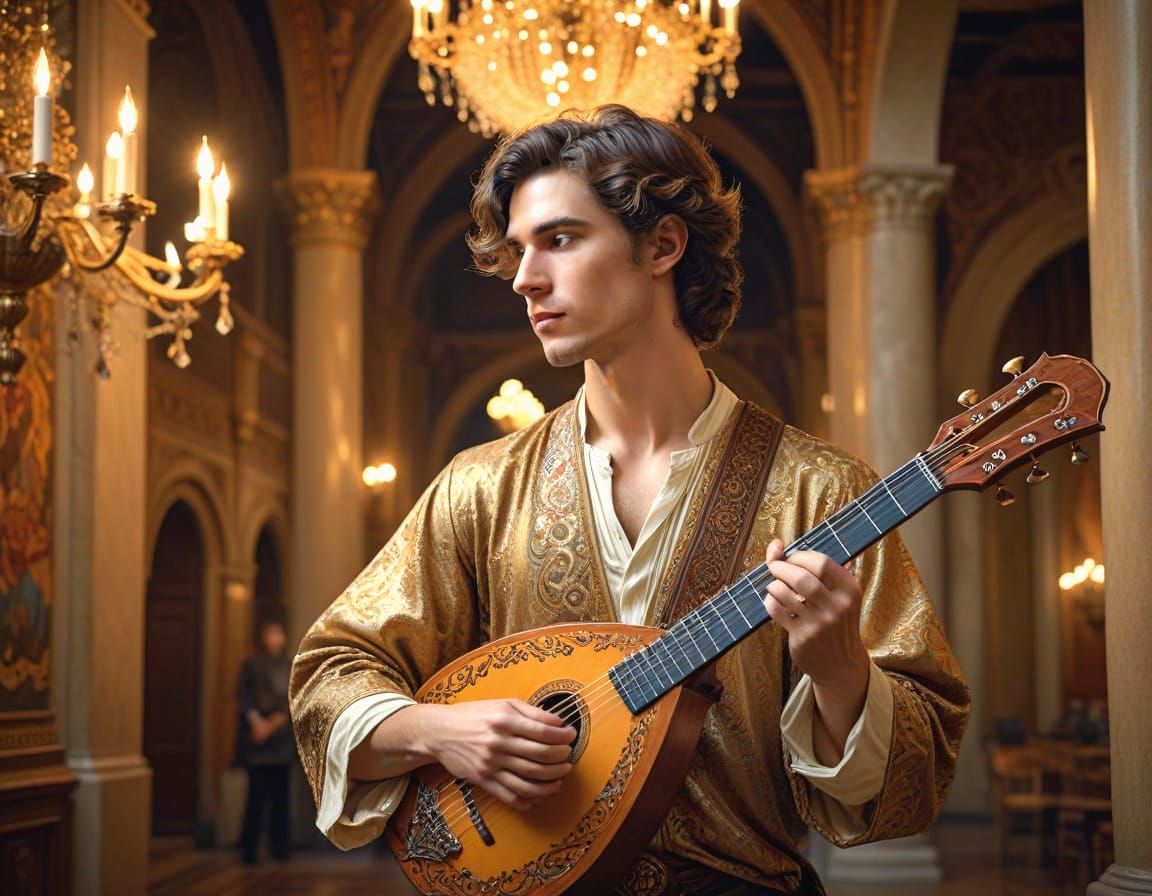 Handsome Musician Playing Lute in Art Nouveau Hall
