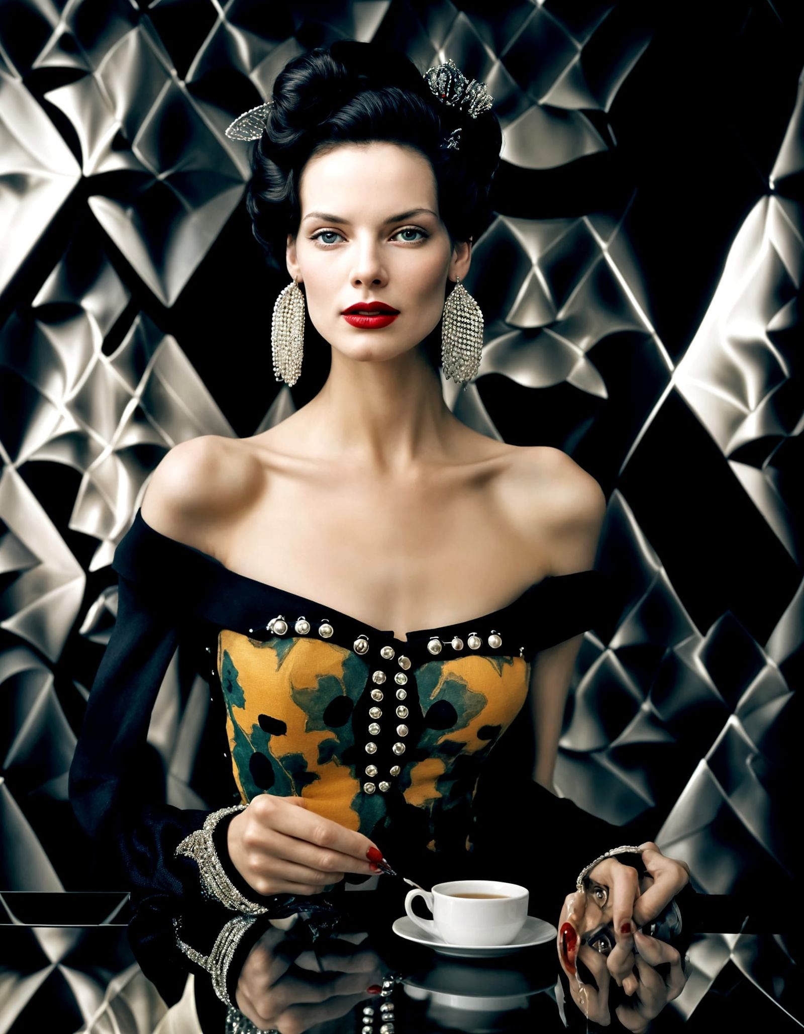 Smiling Woman in Cafe: Photorealistic Couture Portrait