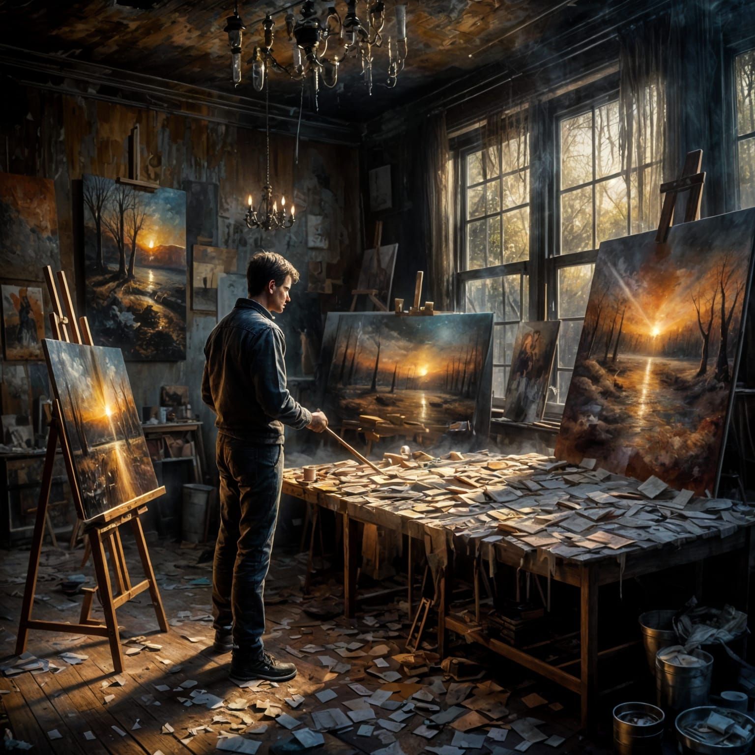 Painter in Sunlit Studio: Starry Oil Portrait