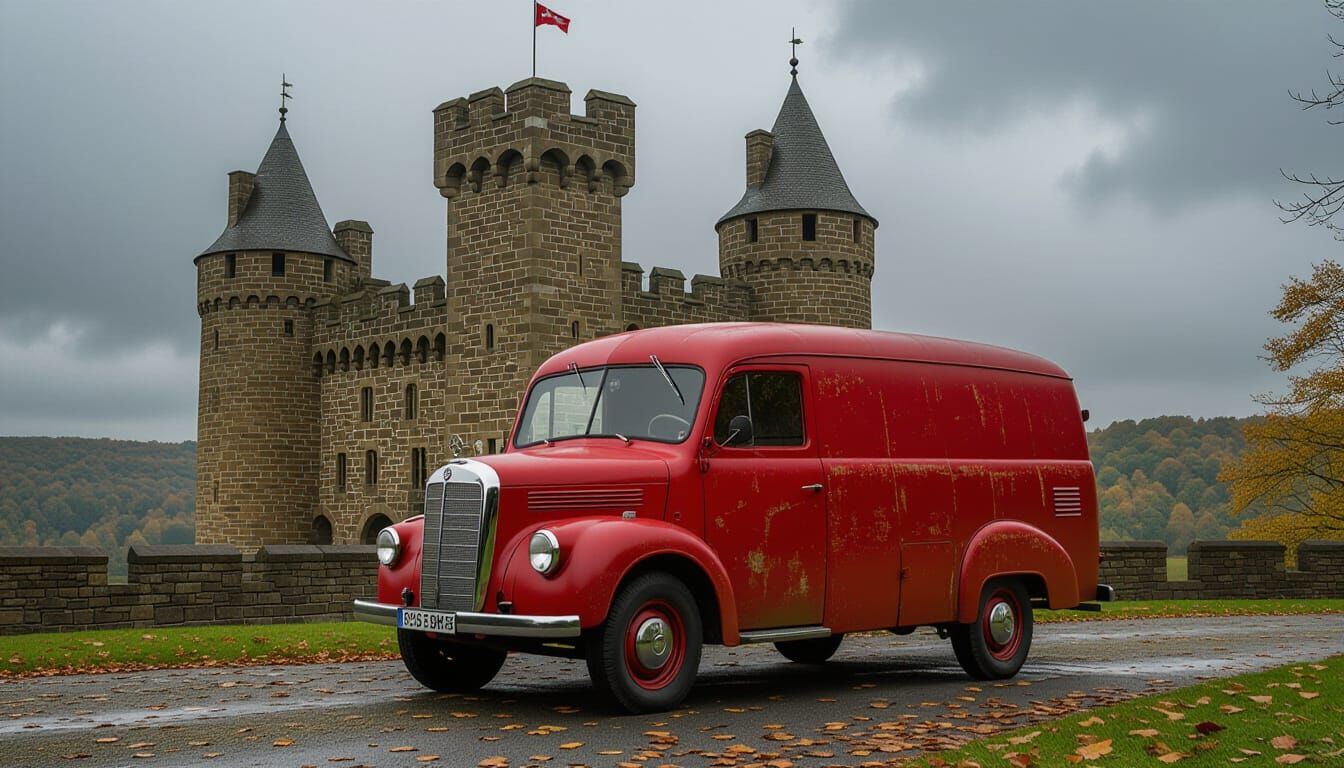 Vintage Red Van at Medieval Castle Under Stormy Sky