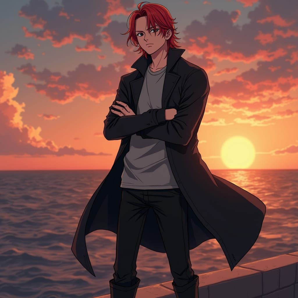Anime Style Man with Red Hair at Sunset