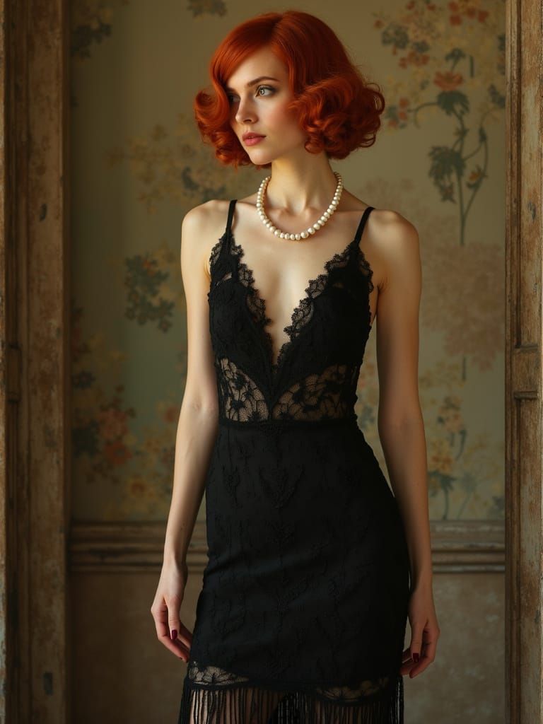 Glamorous Red-Haired Flapper Girl in Art Deco Style
