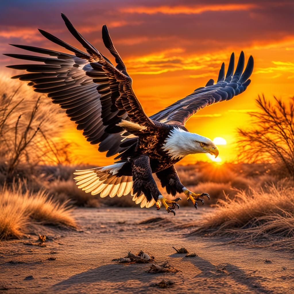 Eagle Circling Prey at Sunset in Hyperrealism