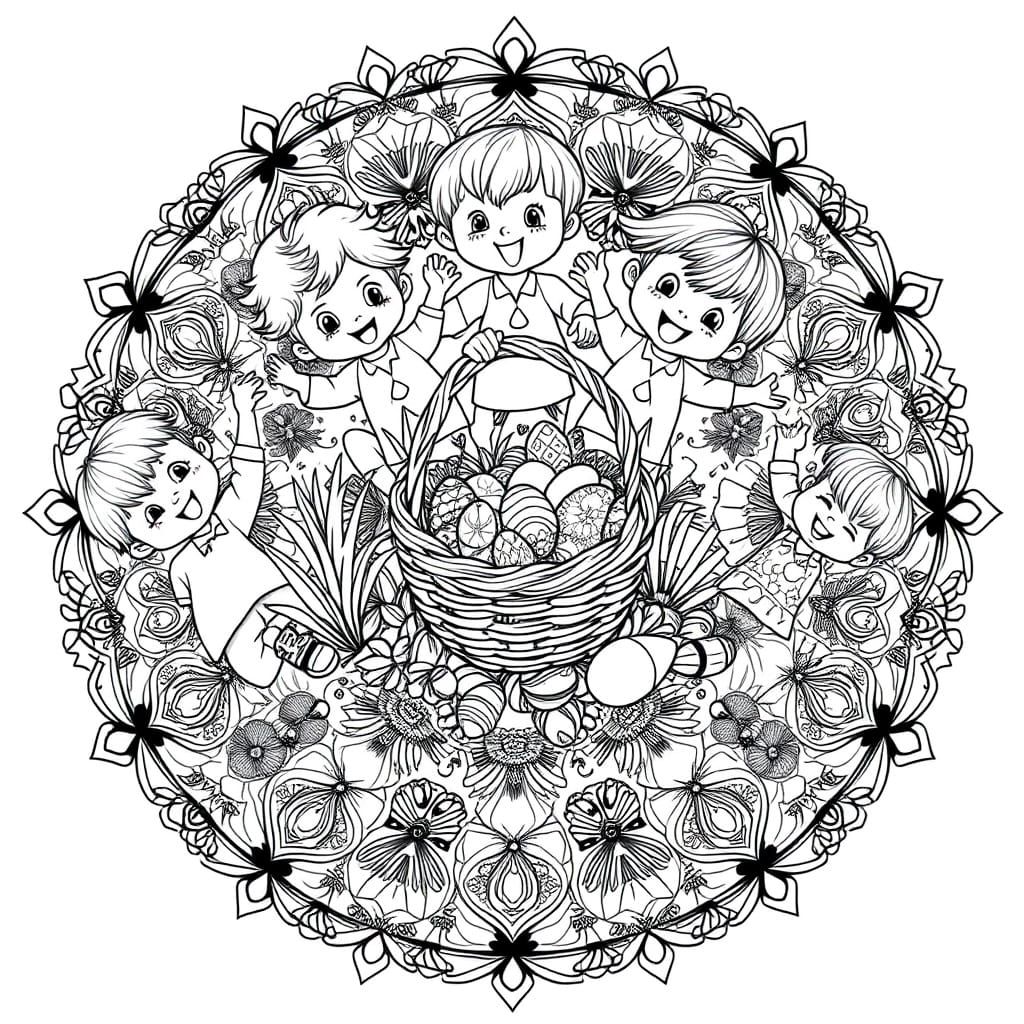 Whimsical Easter Mandala with Hidden Basket and Children in ...