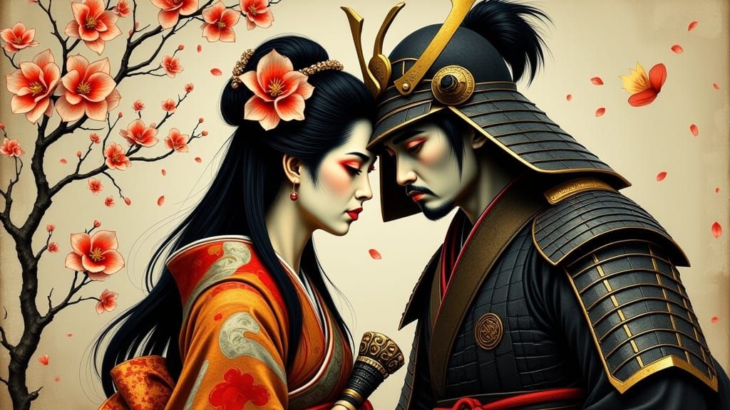 Ancient Japan Samurai and Geisha in a Melancholic Moment
