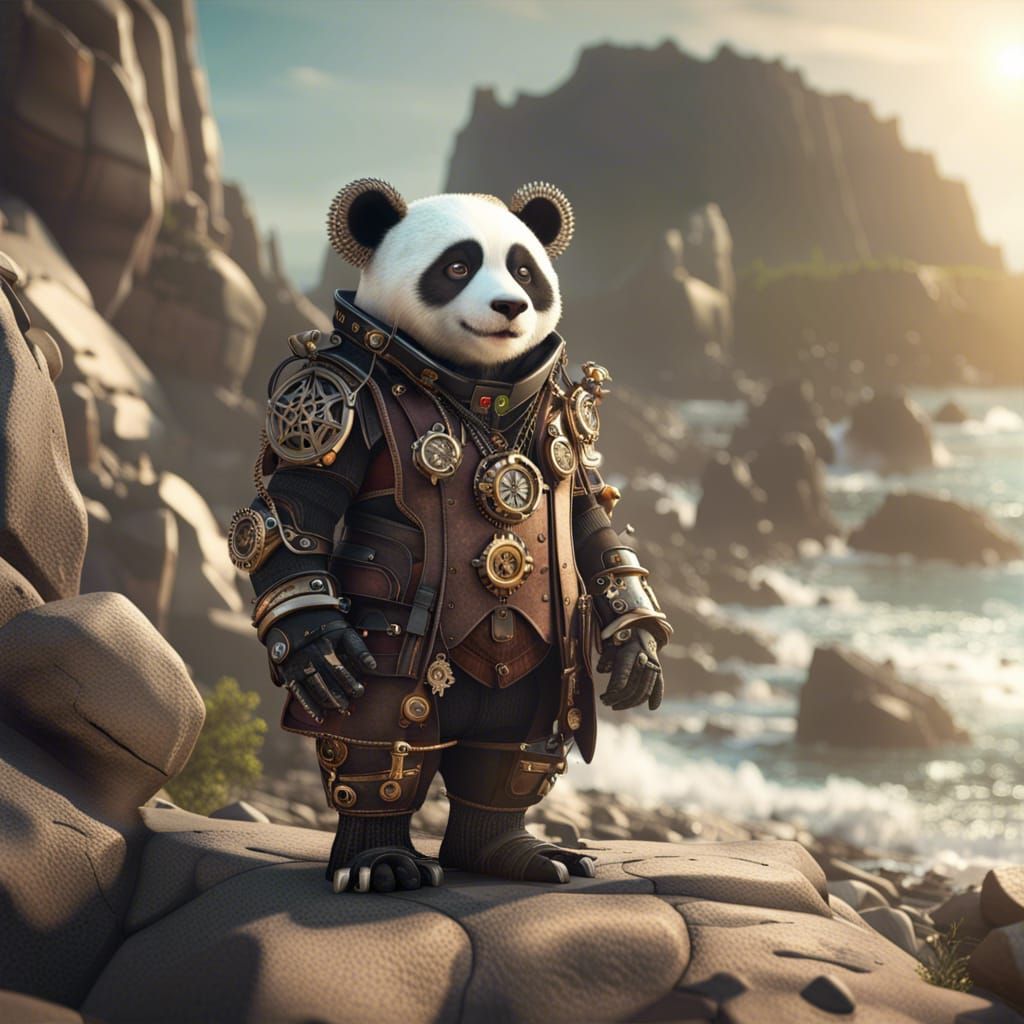 Steampunk Panda Wanderer on Rocky Shore