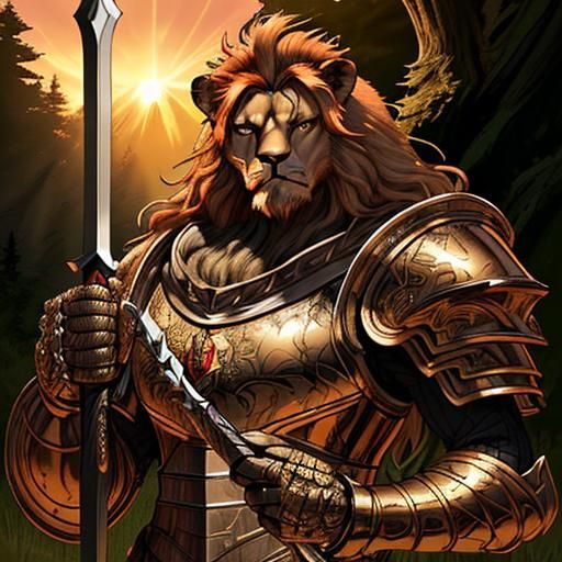 Lion Knight with Battle Axe at Sunset