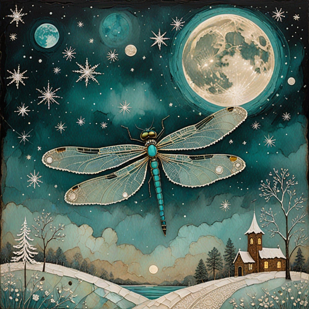 Whimsical Turquoise Dragonfly Collage under Starry Night Sky