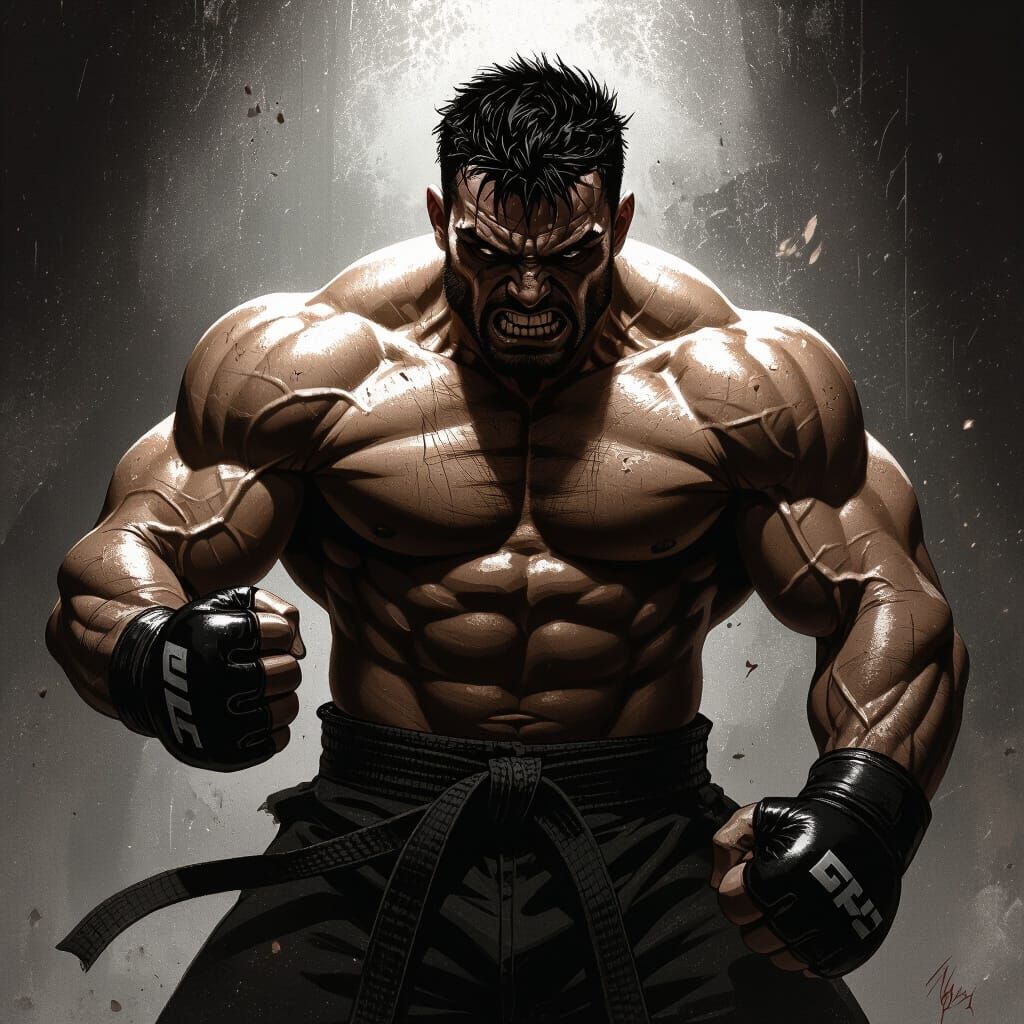 Muscular Fighter in Dynamic Pose, Realistic Art Style