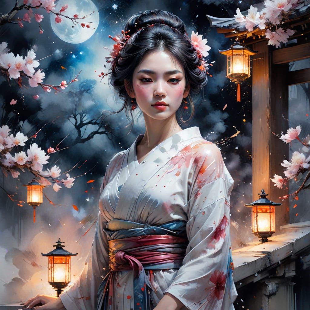 Geisha by Cherry Blossom Shrine Under Cosmic Sky