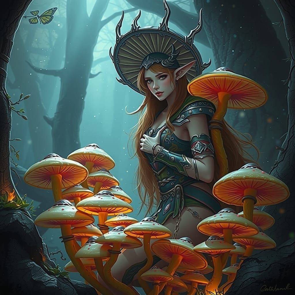 Enchanted Fae Druid Surrounded by Mushrooms in Whimsical Lan...
