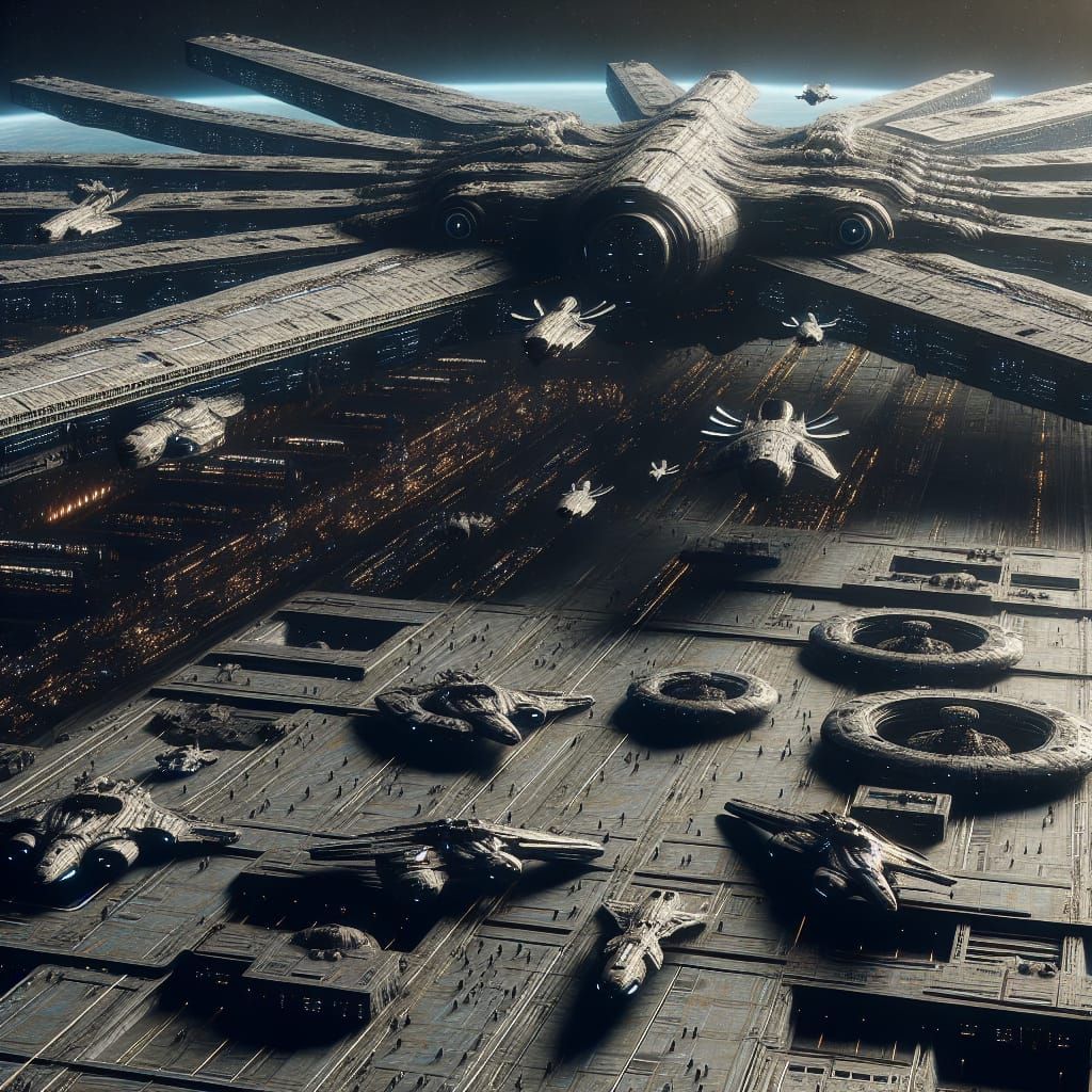 Futuristic Spaceships Hovering Over Space Station