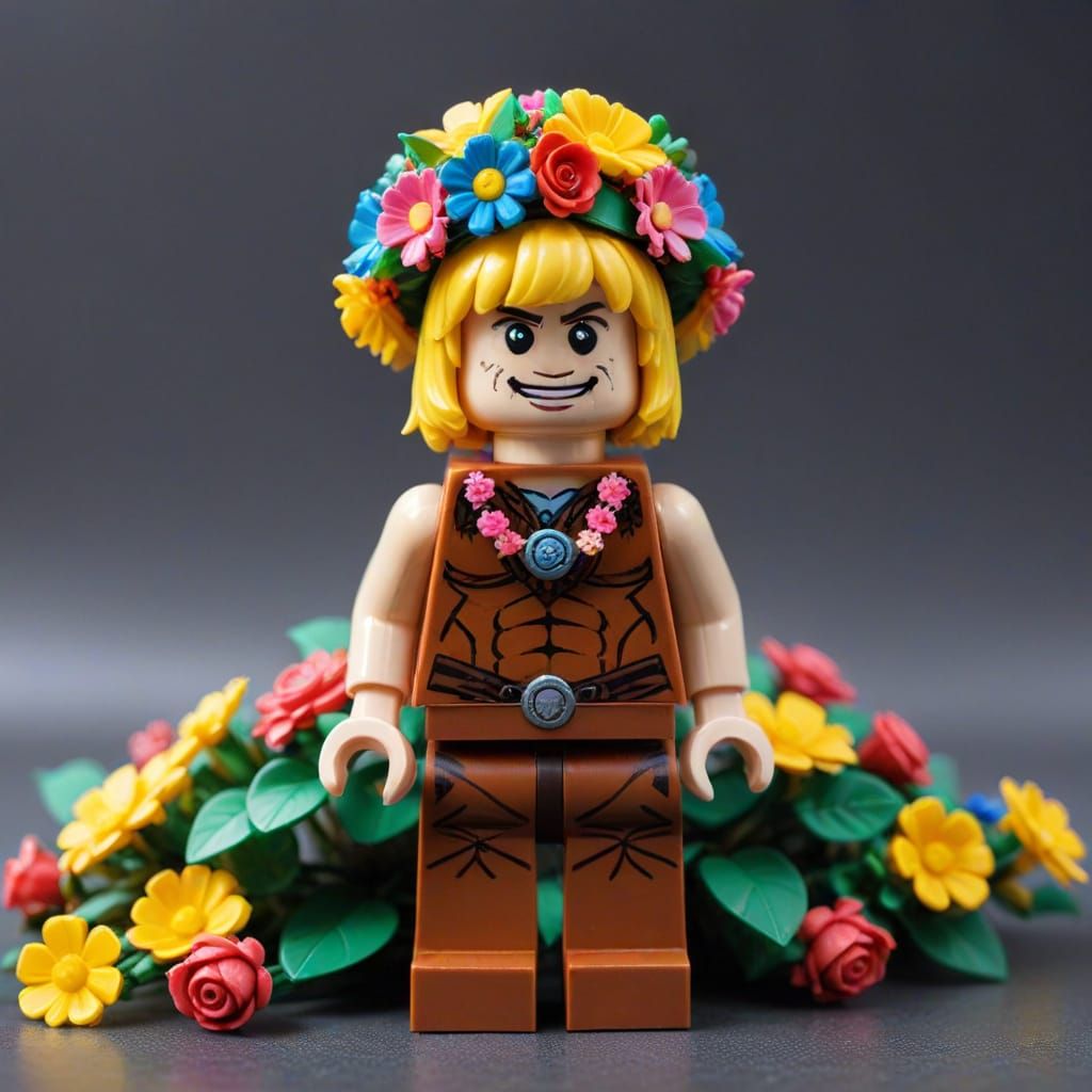 He-Man Lego Figure Wearing a Flower Garland Hat
