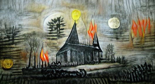 Burning Church in Dark Forest: Mixed Media