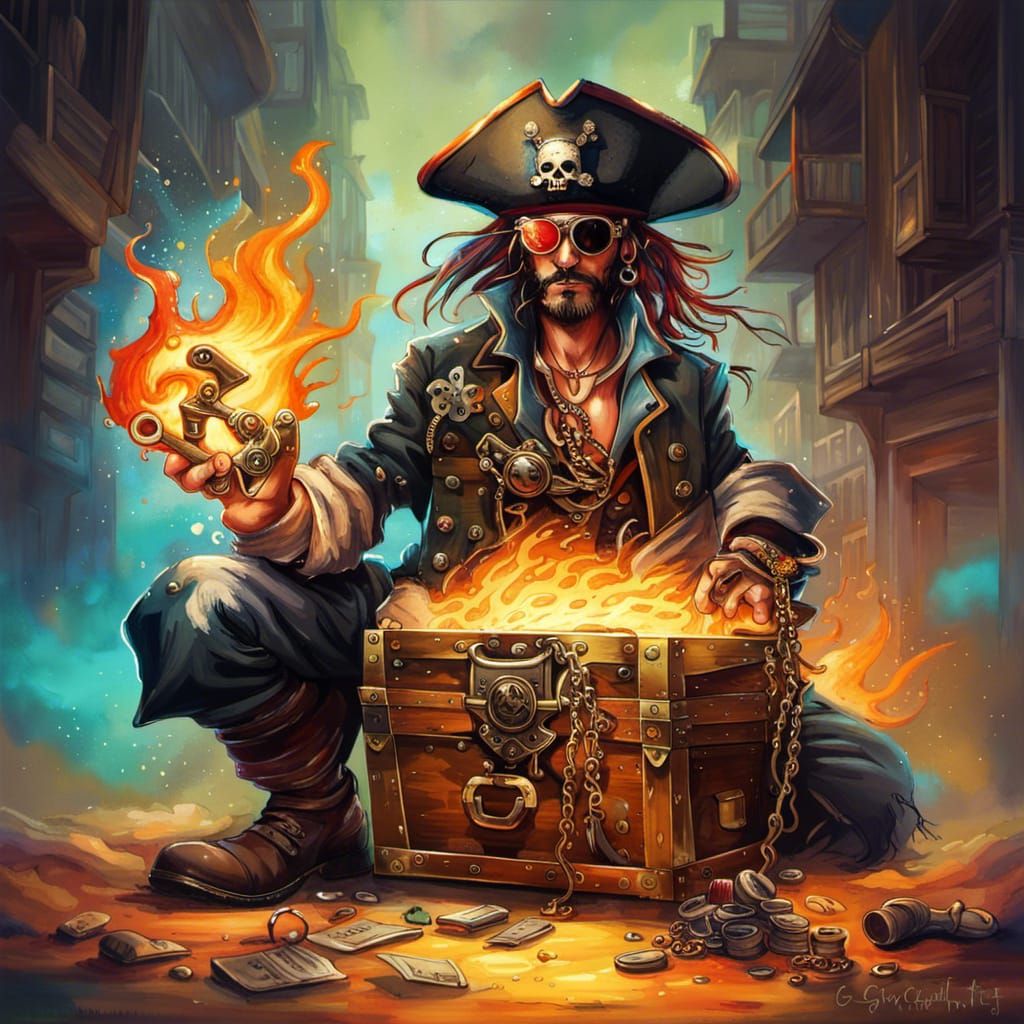 Steampunk Pirate Guarding Treasure: Graffiti Art