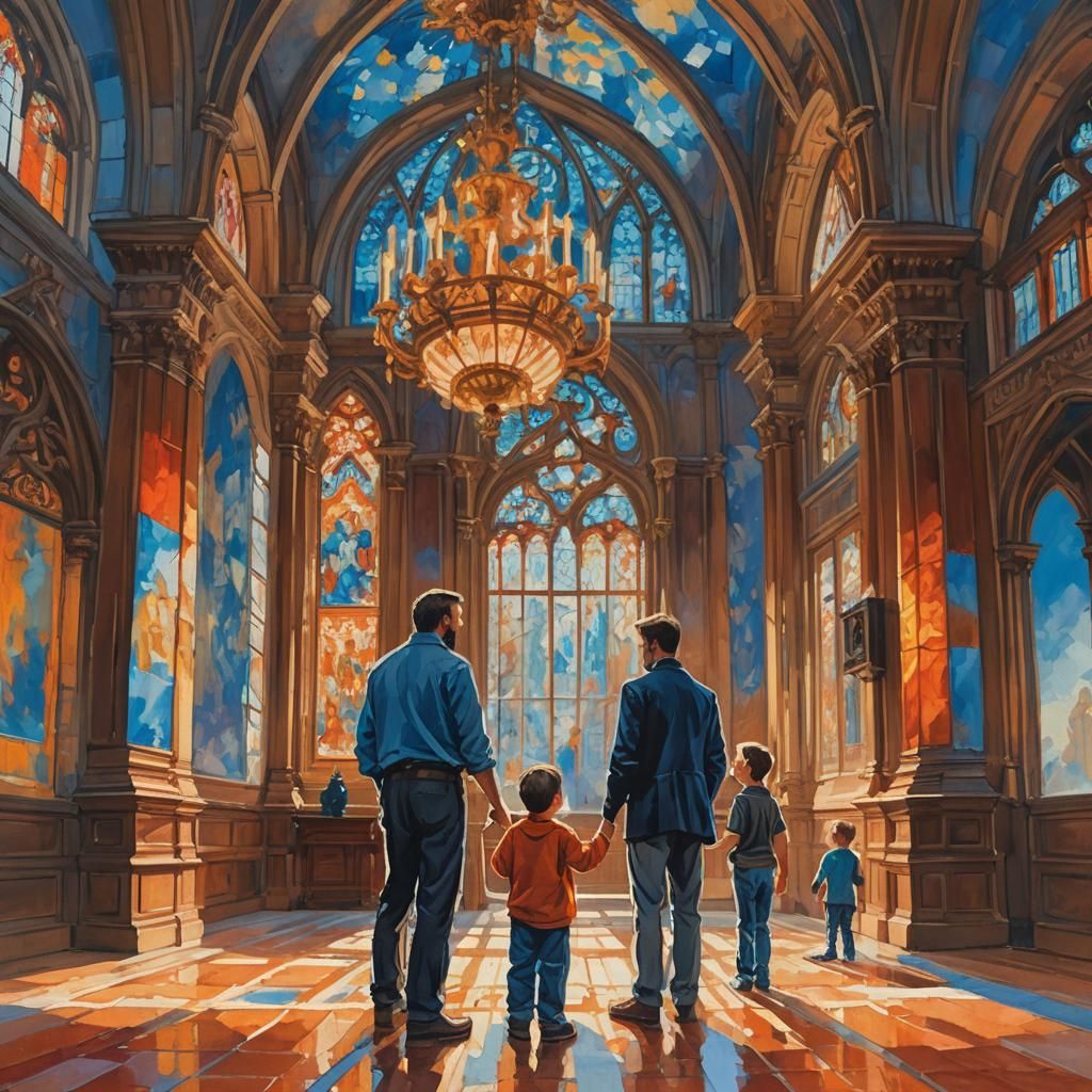 Sunlit Hall: Impressionist Gouache Painting of Father and So...
