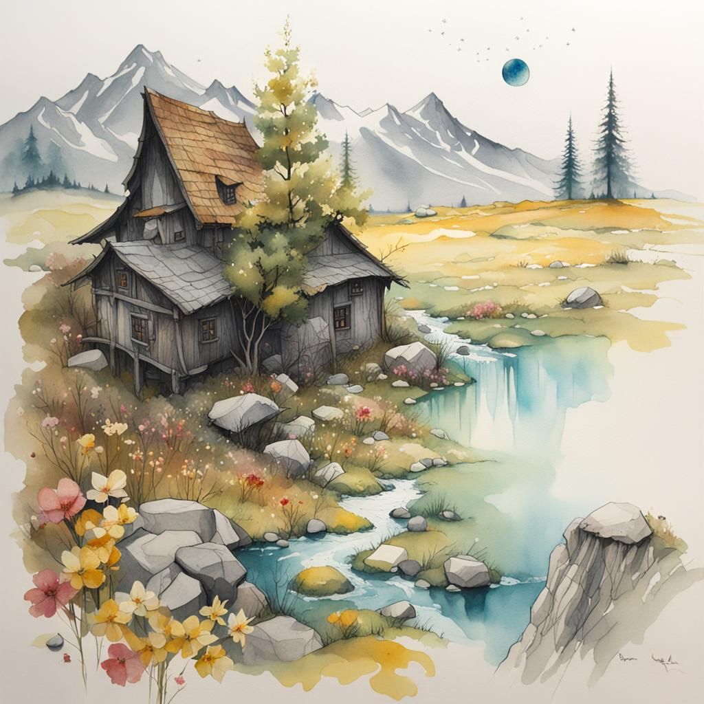 Surreal Crooked Houses in Colorful Watercolor Field