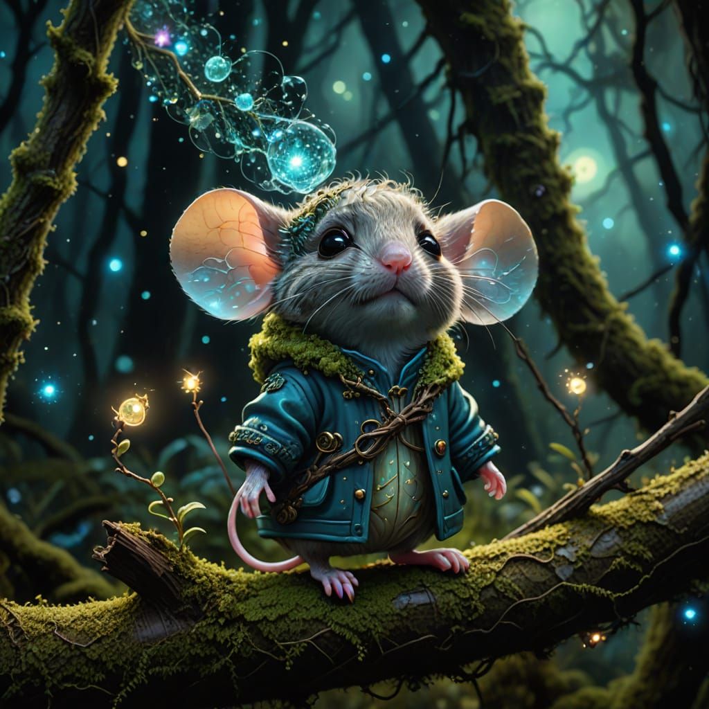 Bioluminescent Chibi Mouse Gazing at Nebula in Space Forest