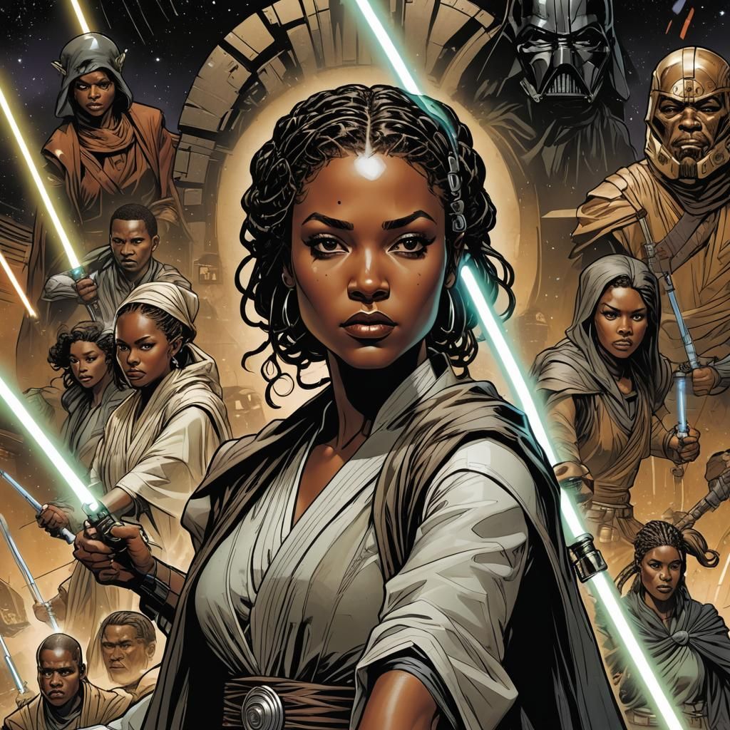 Ebony Female Jedi in Comic Book Style