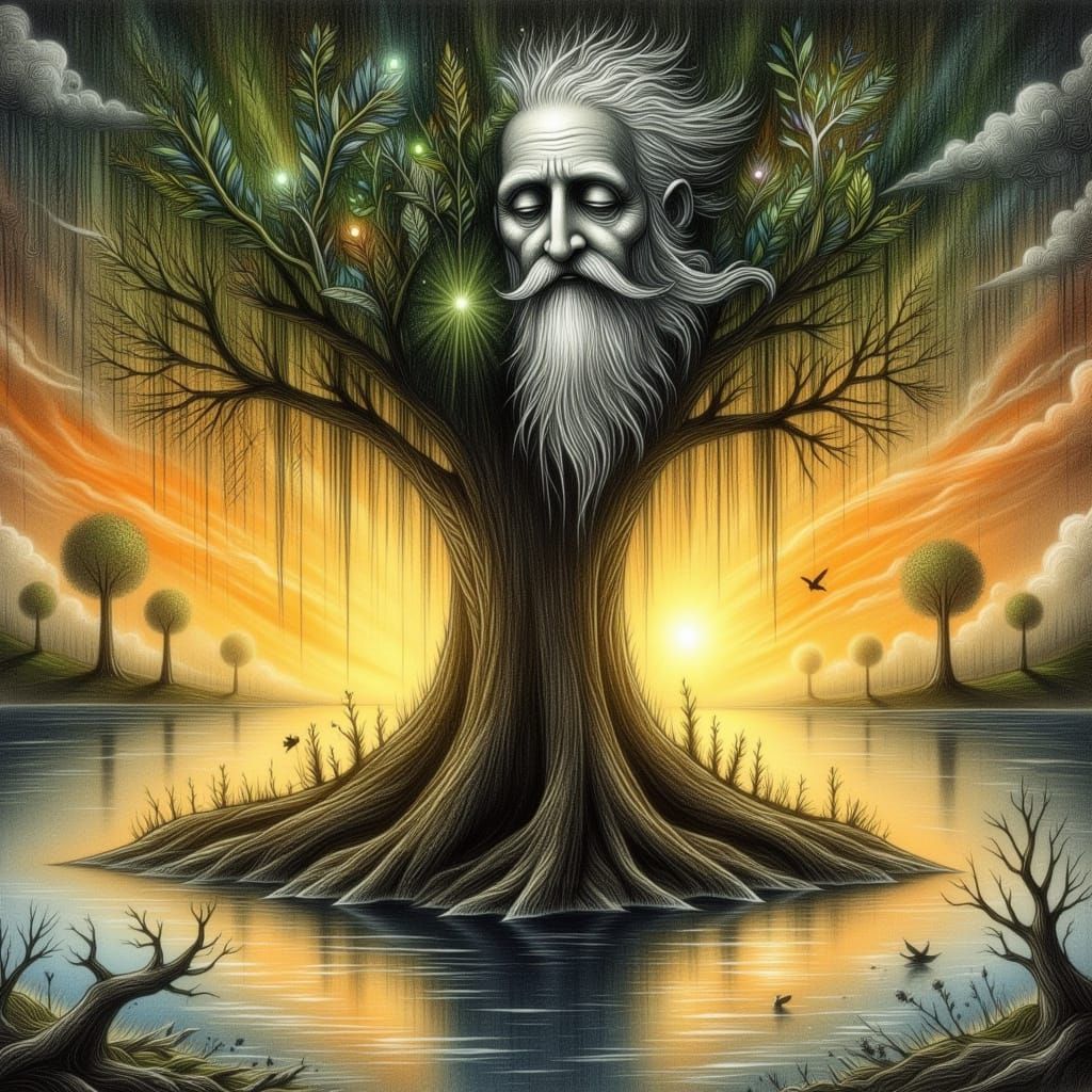 Ancient Willow Tree Face by River at Sunset