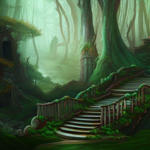 Fantastical Forest Elven Stairs in Matte Painting Style