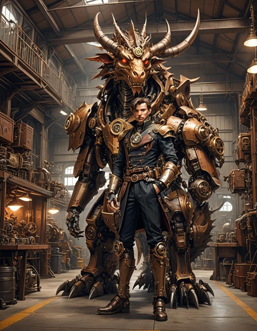 Steampunk Satyr and Dragon Mecha in Garage