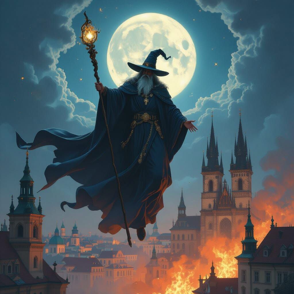 Majestic Sorcerer Soaring Over Krakow in Hyperrealistic Styl...