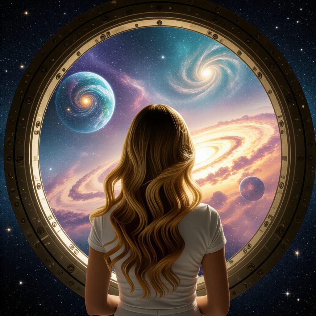 Golden Woman Gazing Through Stargate to Universe