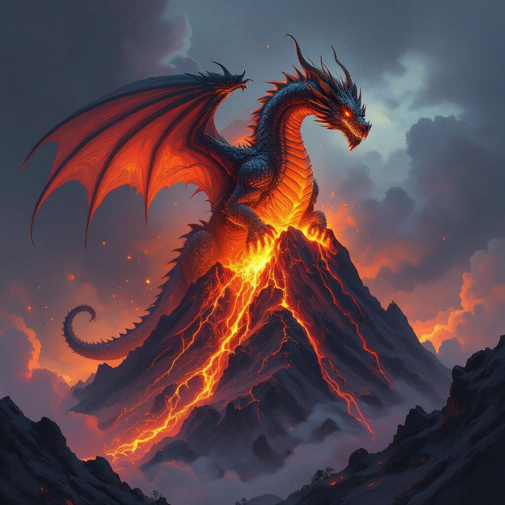 Volcanic Dragon Spewing Lava atop Mountain Peak