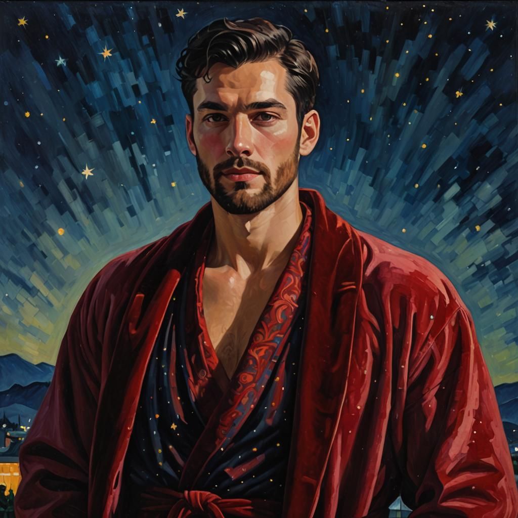 Joyful Man in Red Velvet Bathrobe, Neo-Impressionism Style