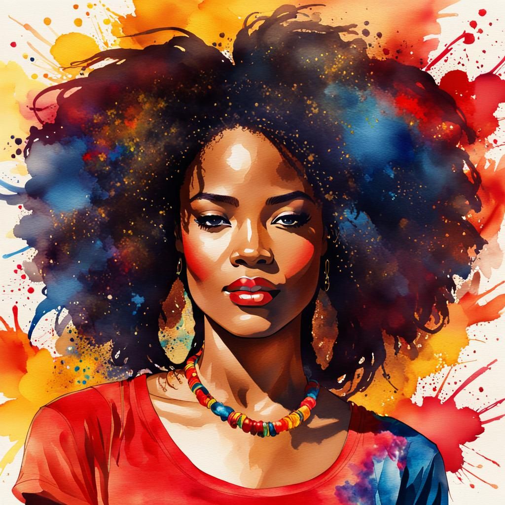 Vibrant Watercolor Portrait of Radiant Afro-American Woman