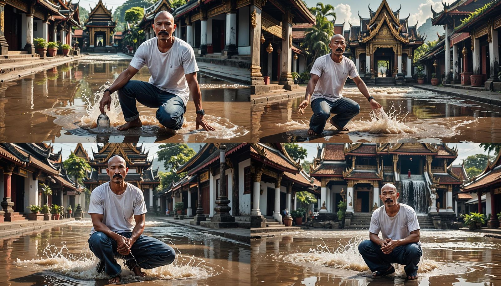 Thai Man in Flooded Temple: Cinematic Art