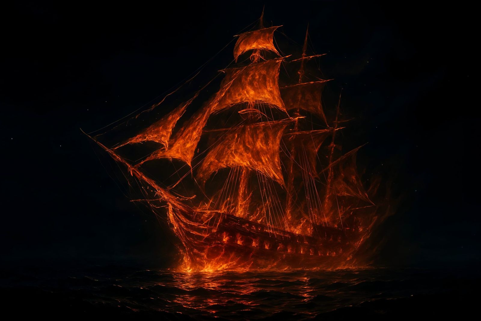 Fiery Ghost Ship Sailing a Dark Ocean