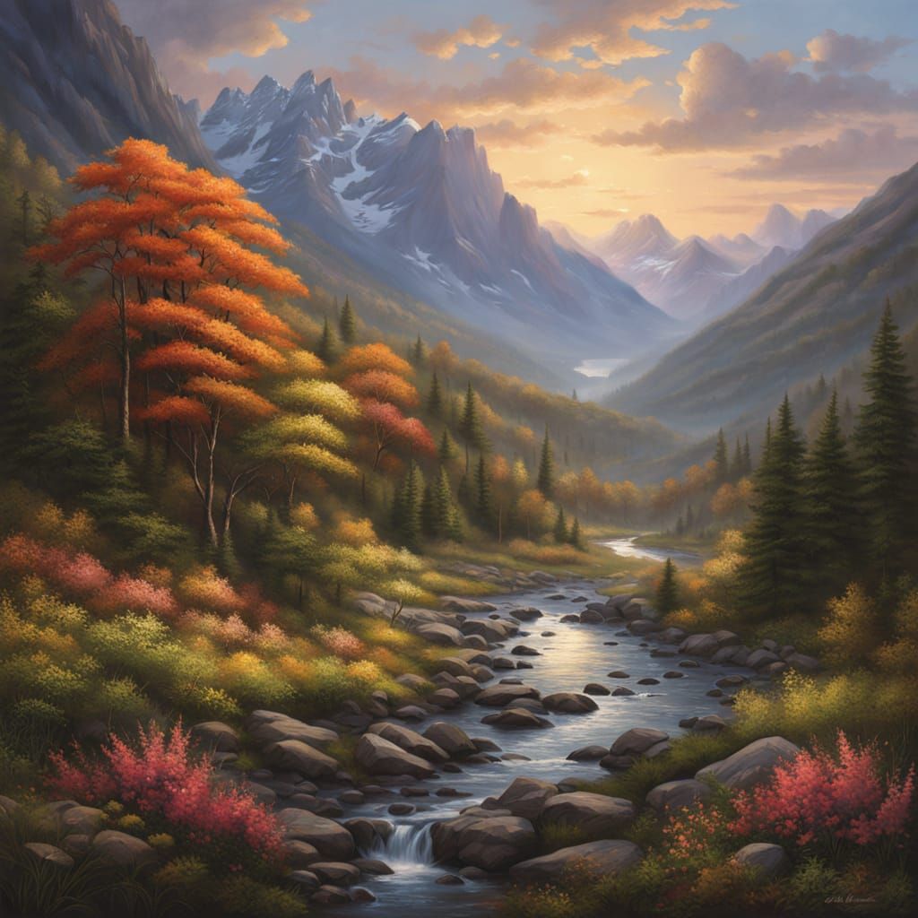 Golden Dawn Over Majestic Mountain Valley Landscape