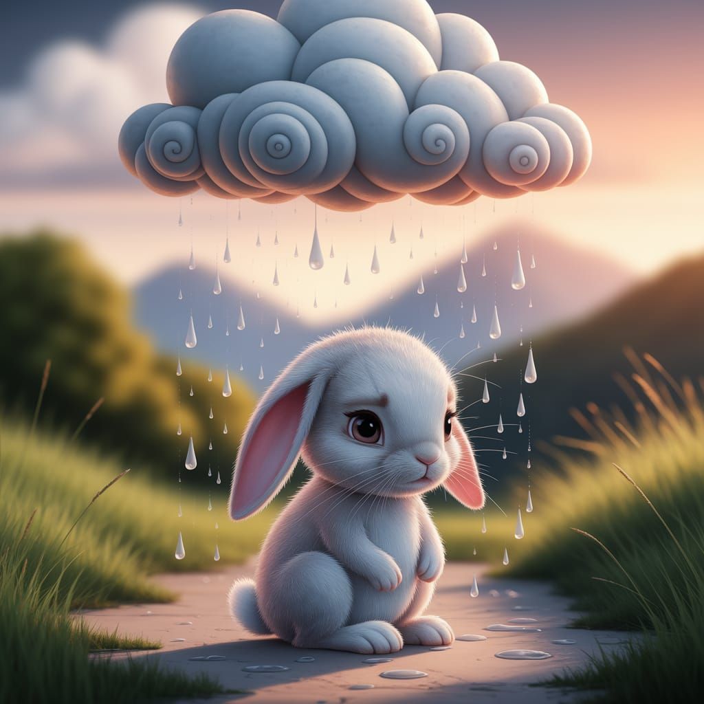 Whimsical Rain Cloud Surrounds Lonely Bunny in a Moody Digit...